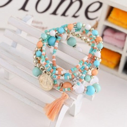 Multi layer Metal Bracelet Colorful Beads Coin Tassel Bracelets Bohemia Style