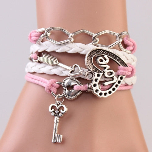 Handmade Bracelet Lock key Cupid's Arrow Charms Infinity Bracelet White Pink Leather